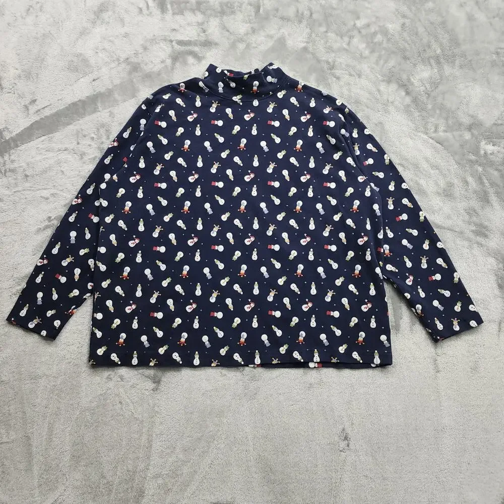 St Johns Bay Top‎ Womens 1X Blue Snowman Print Turtleneck Long Sleeves Christmas